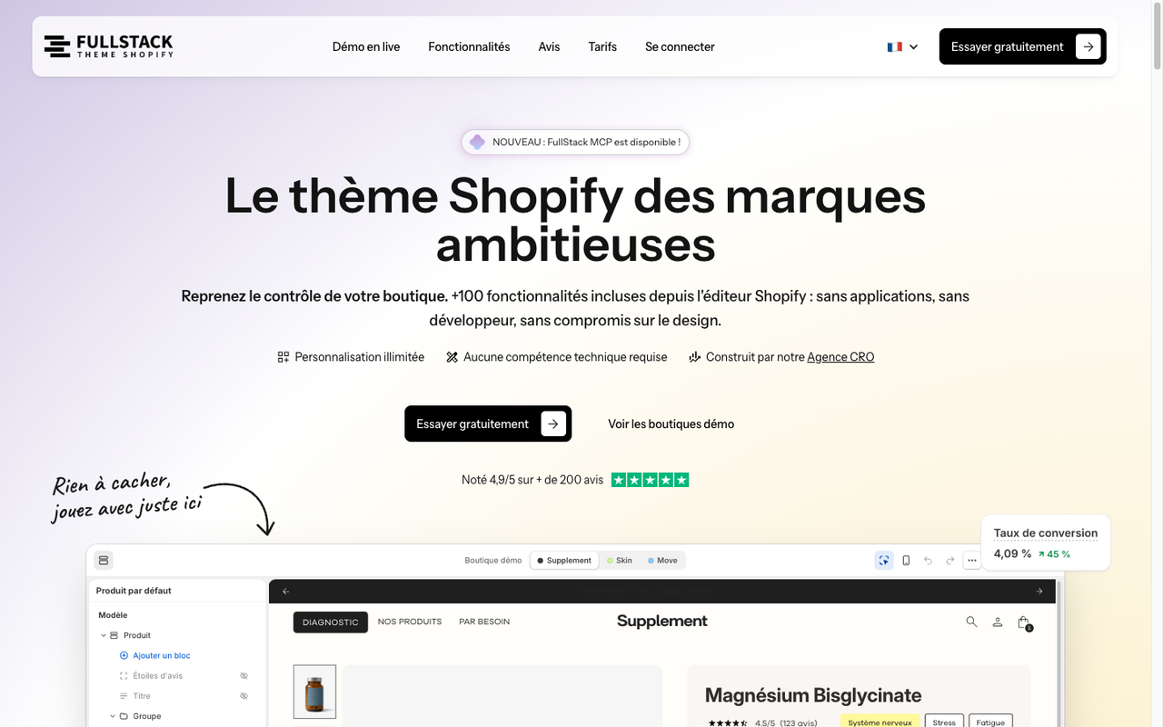 Page d’accueil du site Thème FullStack avec l’éditeur de la boutique démo Supplement