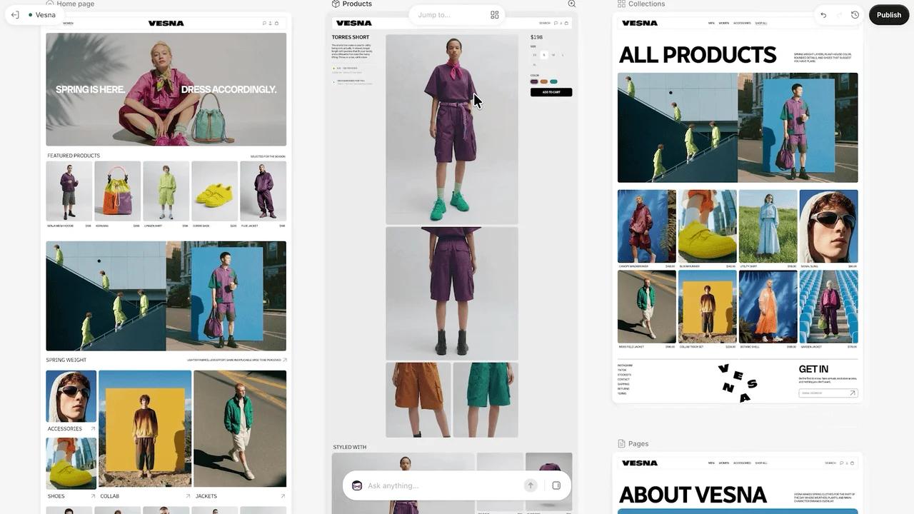 Shopify Canvas affichant côte à côte les pages accueil, produit, collection et à propos d’une boutique