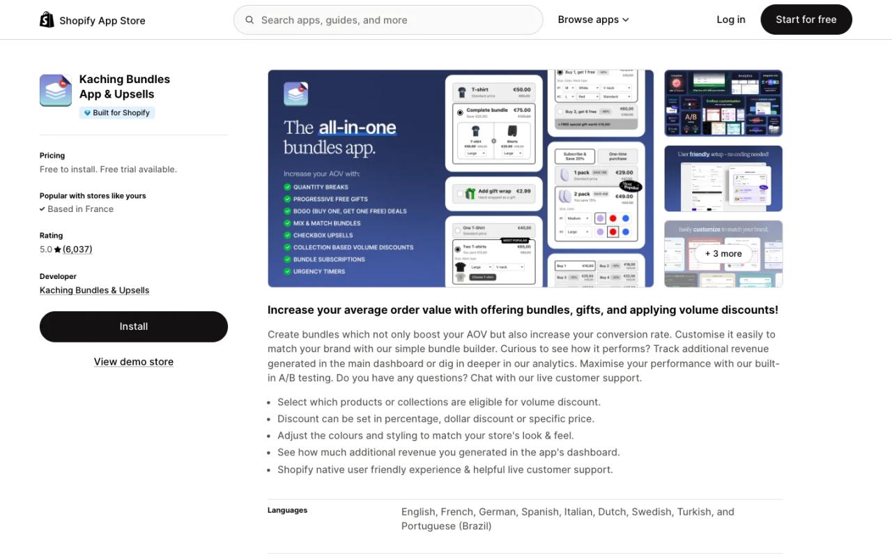 Kaching Bundles App & Upsells listing on the Shopify App Store, showing the Built for Shopify badge and screenshots of its all-in-one bundles and quantity breaks widget