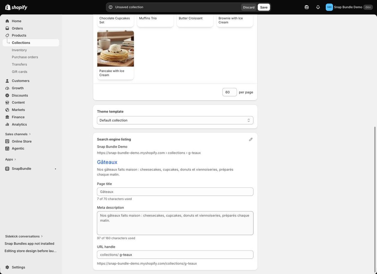 Section Search engine listing d'une collection Shopify avec le titre de page, la méta-description et l'URL handle g-teaux