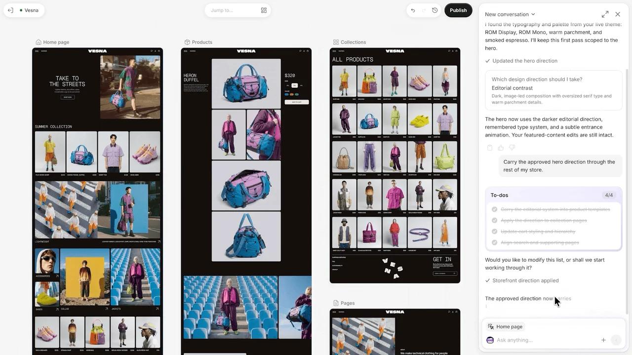 Sidekick dans Canvas appliquant un design de bannière validé aux pages produit, collection et panier, avec sa liste de tâches à côté de la boutique