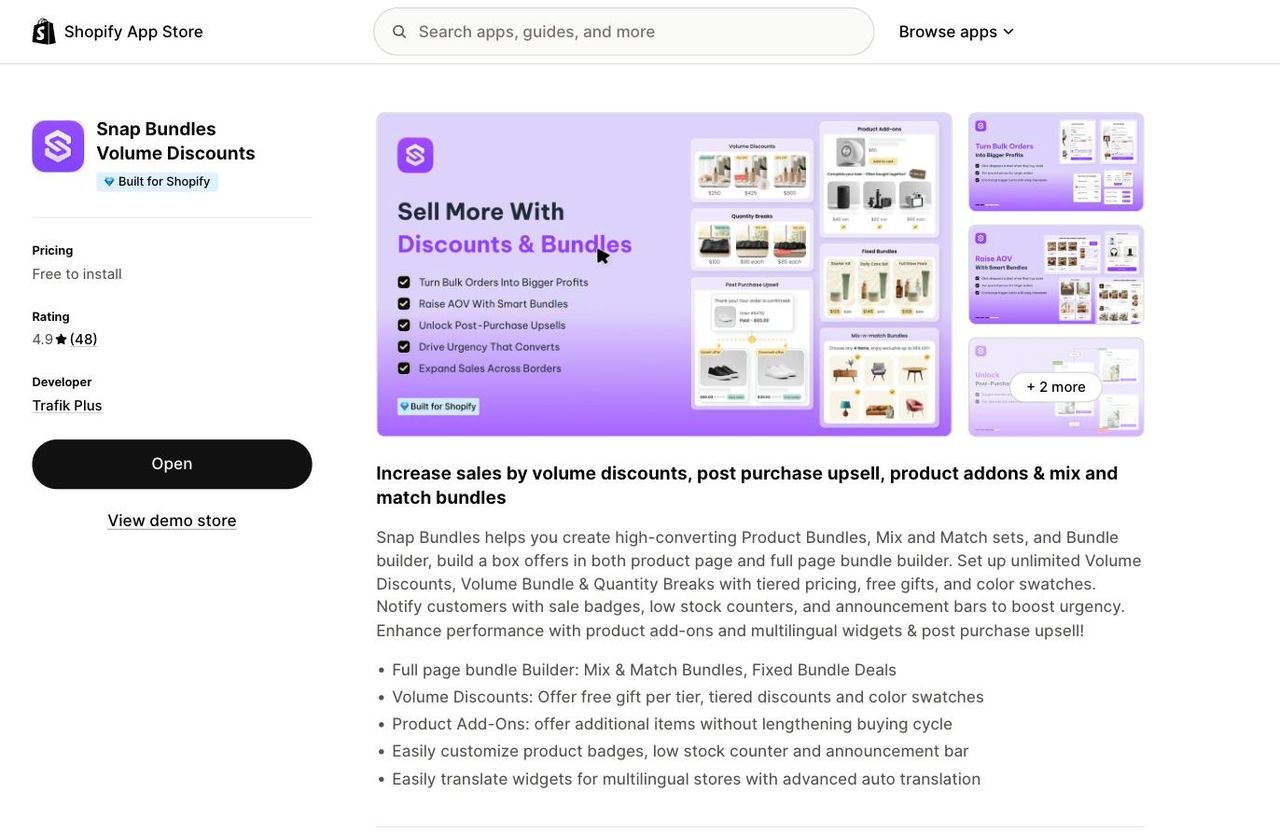 Fiche de Snap Bundles Volume Discounts sur le Shopify App Store : badge Built for Shopify, installation gratuite, note de 4,9 sur 48 avis, et un visuel qui présente remises sur volume, paliers de quantité, produits complémentaires, upsell post-achat et bundles mix & match (octobre 2026)