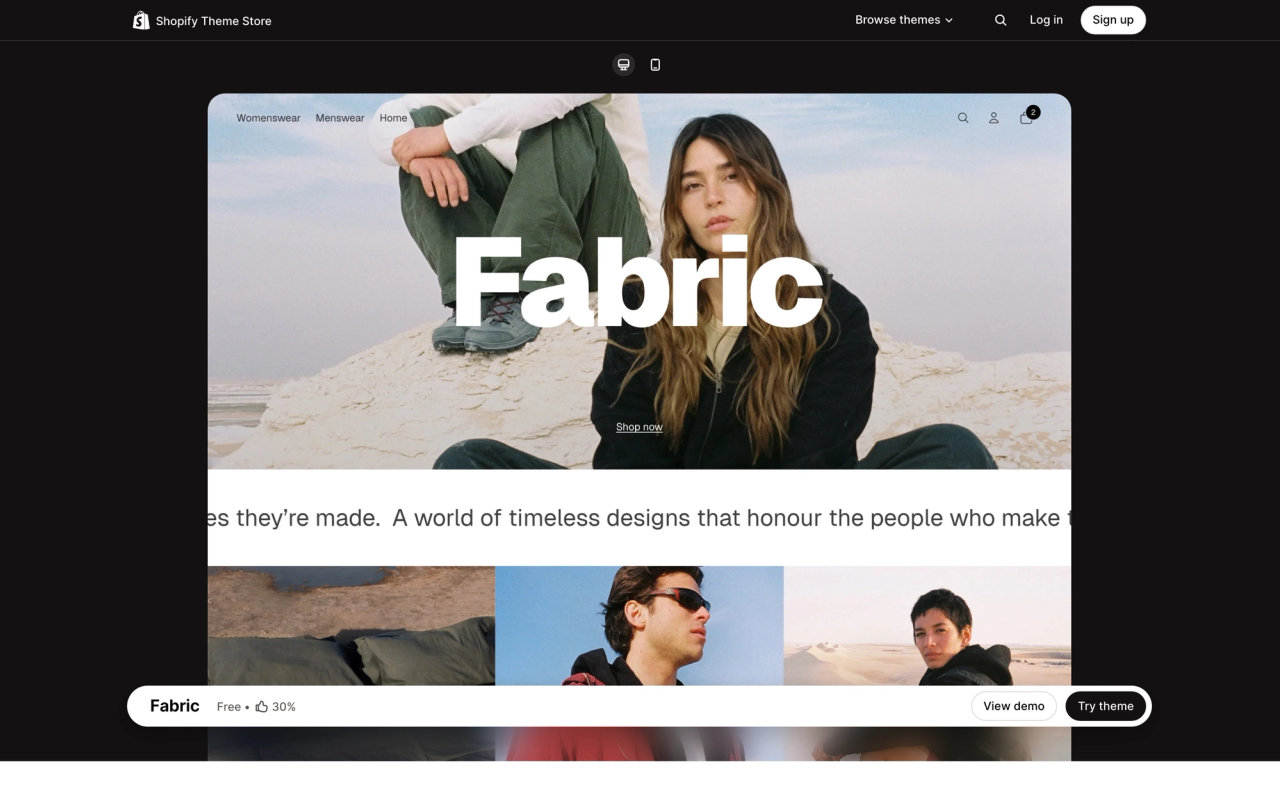 Fabric theme page on the Shopify Theme Store, with a desktop preview of its demo store