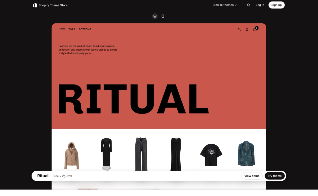 Ritual theme page on the Shopify Theme Store, with a desktop preview of its demo store