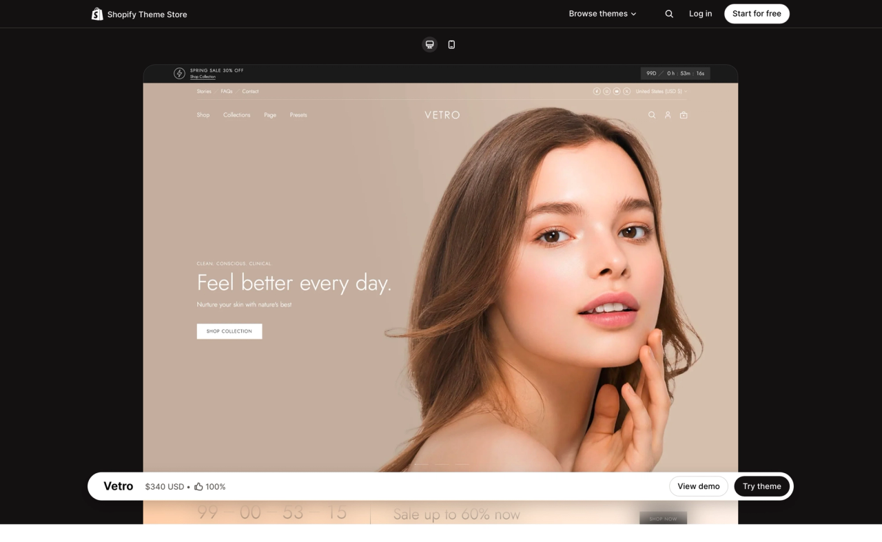 Vetro theme page on the Shopify Theme Store, with a desktop preview of its demo store