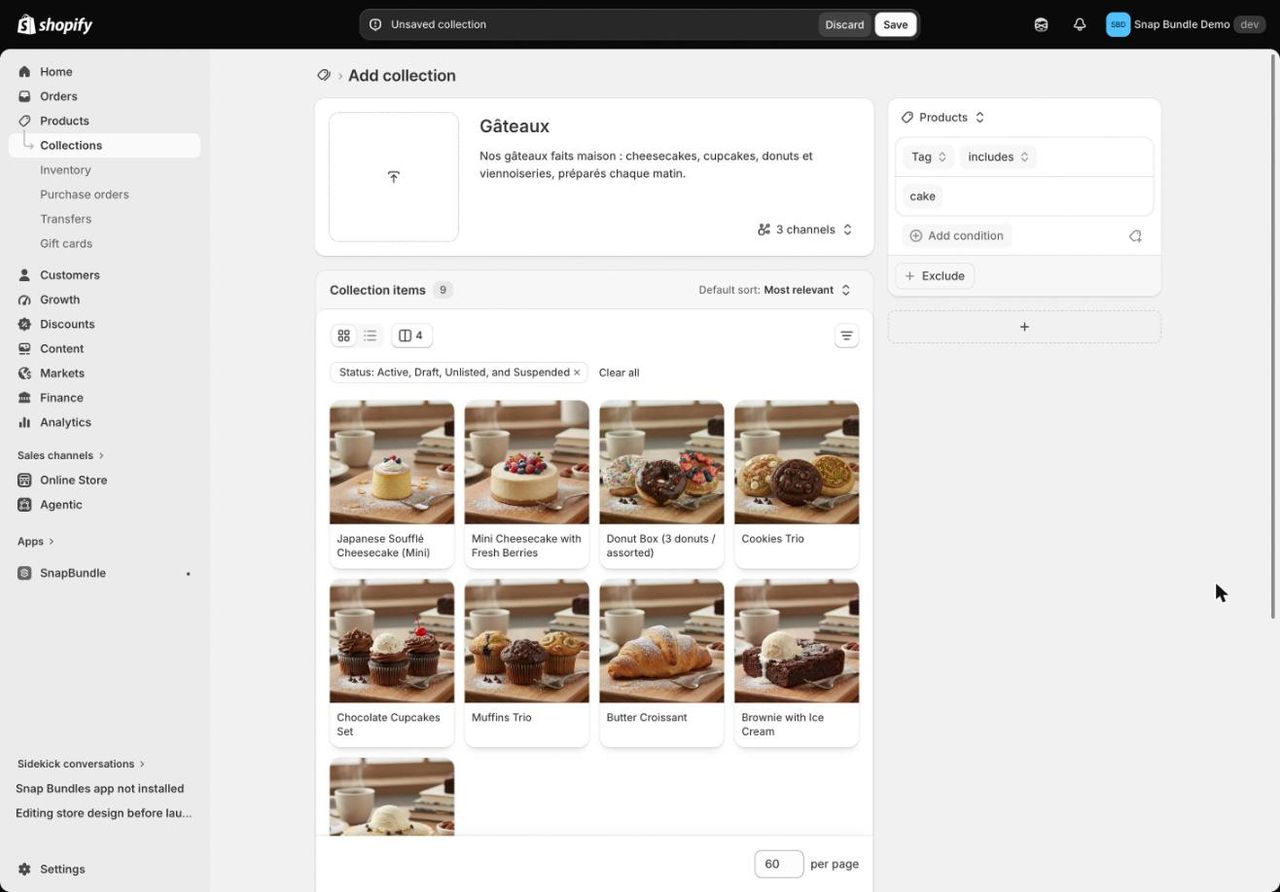 Collection Gâteaux dans Shopify avec la condition Tag includes cake et l'aperçu des 9 produits correspondants