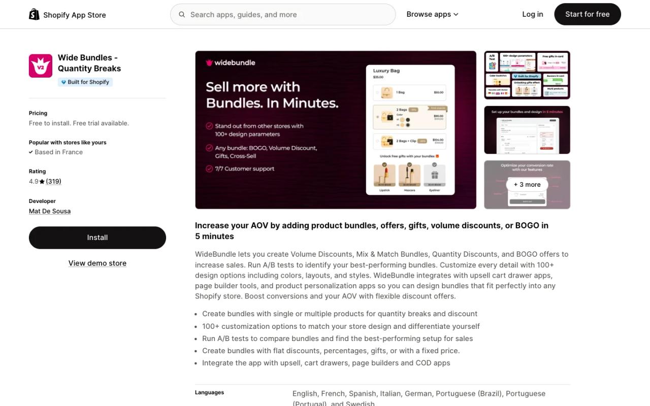 Wide Bundles Quantity Breaks listing on the Shopify App Store, showing screenshots of its customizable quantity break and bundle widgets