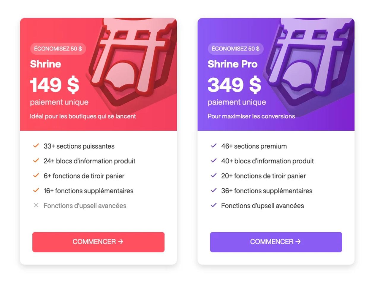 Cartes tarifaires de Shrine et Shrine Pro sur shrine.io : Shrine à 149 $ en paiement unique avec 33+ sections, 24+ blocs produit, 6+ fonctionnalités de tiroir panier et sans upsells avancés ; Shrine Pro à 349 $ avec 46+ sections, 40+ blocs produit, 20+ fonctionnalités de tiroir panier et upsells avancés
