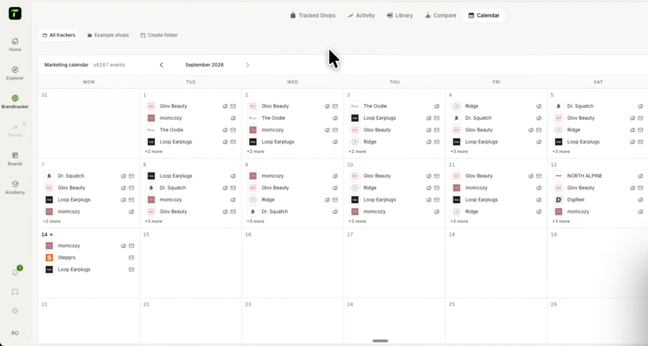 Brand Tracker de Trendtrack : calendrier marketing qui liste, jour par jour, les publicités et les e-mails des boutiques suivies