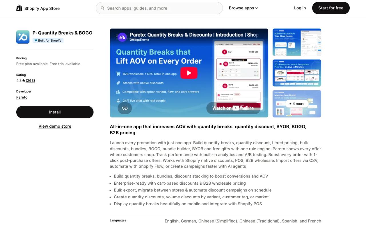 P: Quantity Breaks & BOGO by Pareto listing on the Shopify App Store, showing its free plan and screenshots of quantity breaks and tiered pricing
