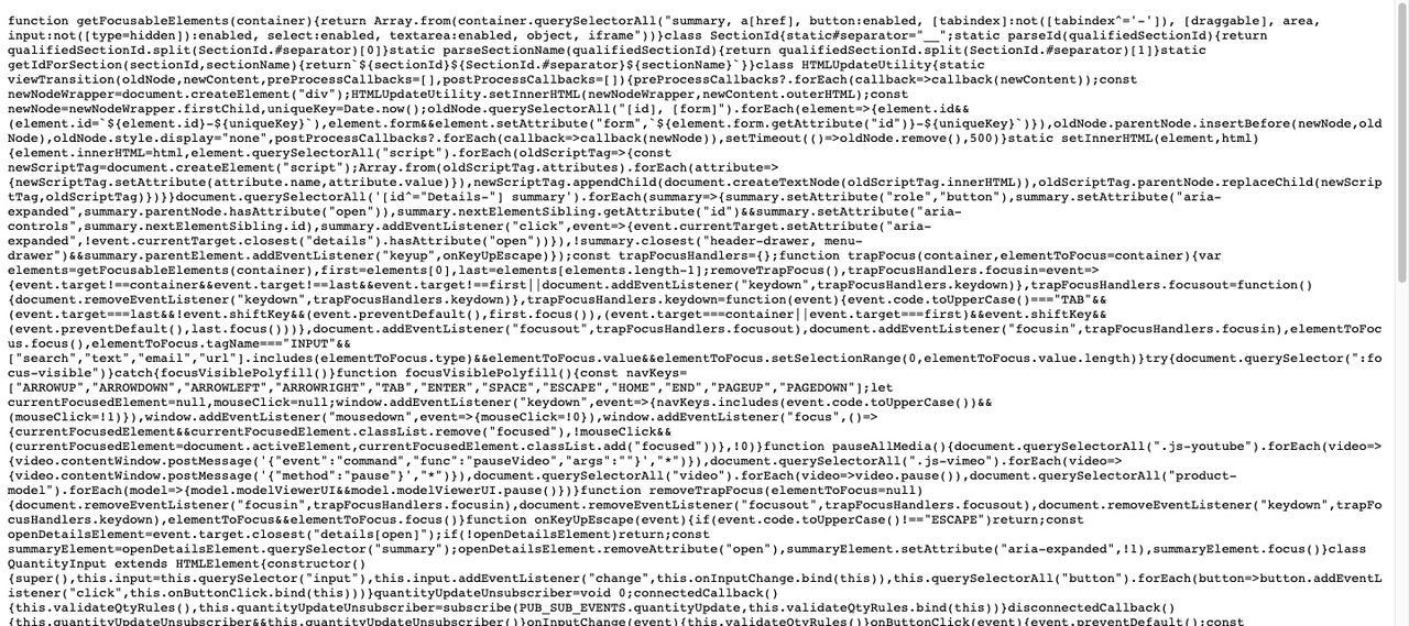 Elixir’s global.js opened in a browser: Dawn’s JavaScript compressed onto a few very long lines