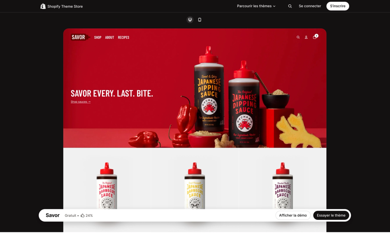 Page du thème Savor sur le Shopify Theme Store, avec un aperçu sur ordinateur de sa boutique de démonstration
