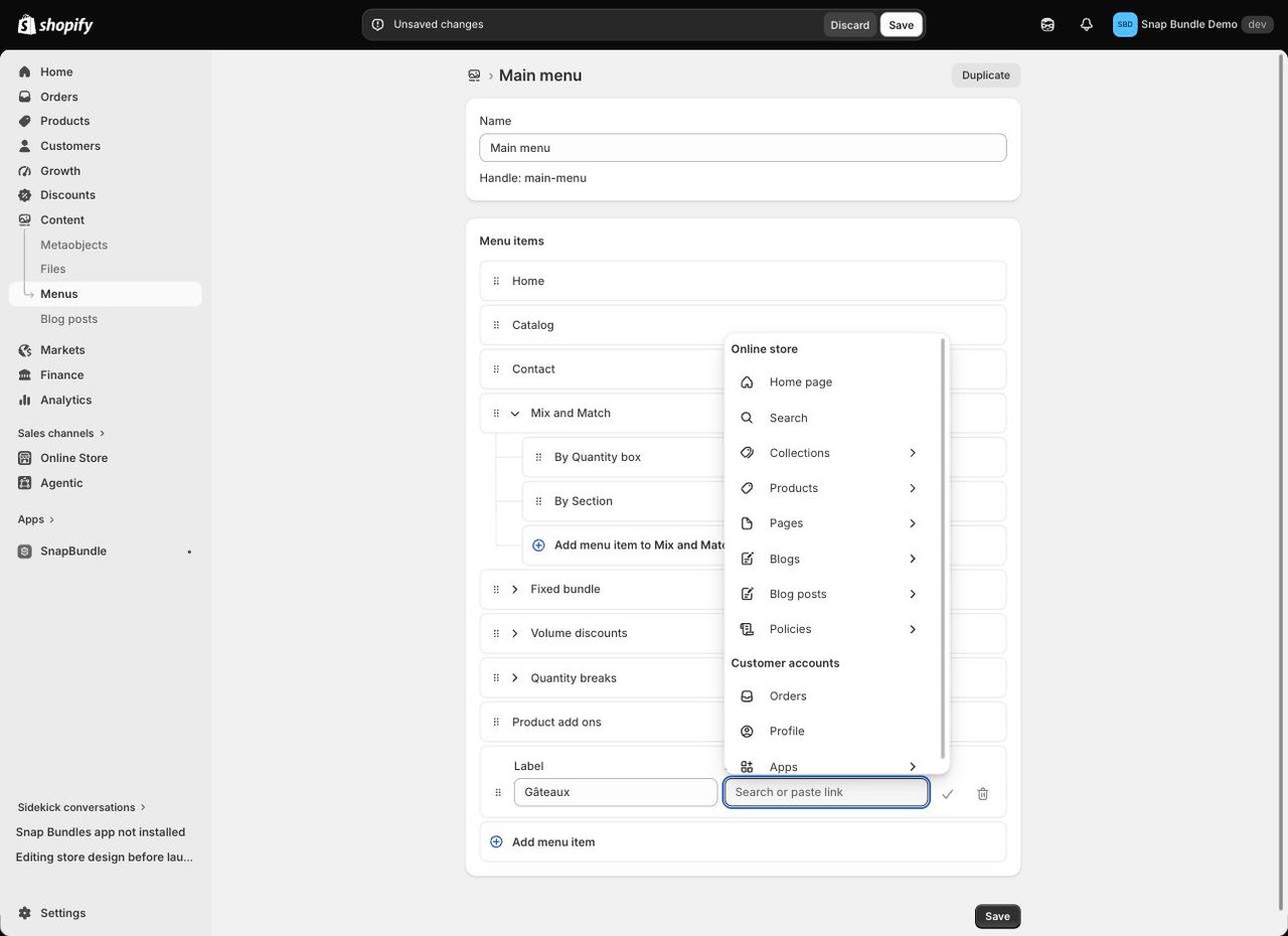 Ajout d'un élément de menu Gâteaux dans le menu principal Shopify, avec la liste des liens possibles dont Collections