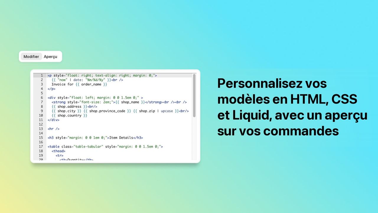 Éditeur de modèle de facture en HTML et Liquid dans Shopify Order Printer