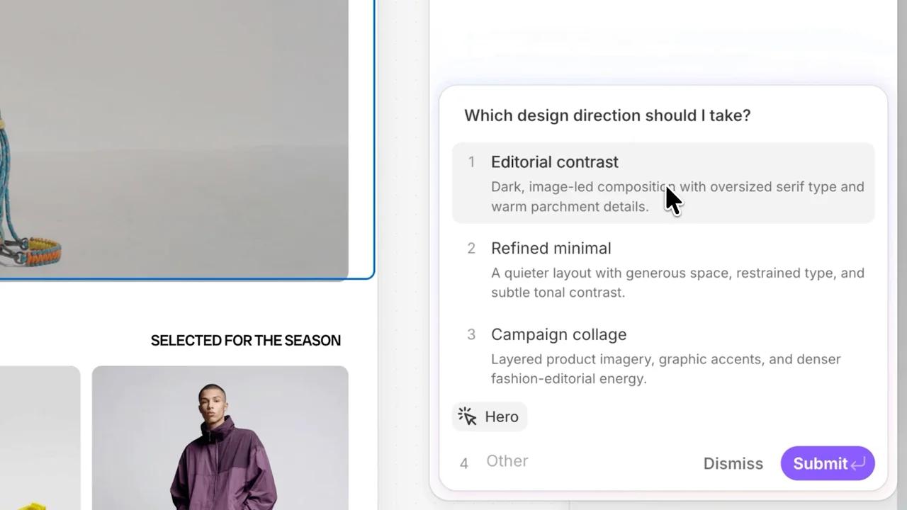 Sidekick dans Canvas demandant quelle direction de design prendre, avec trois propositions : Editorial contrast, Refined minimal et Campaign collage
