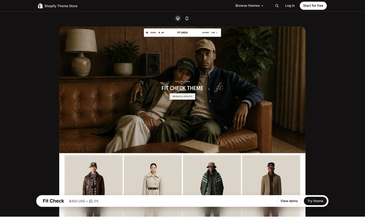 Fit Check theme page on the Shopify Theme Store, with a desktop preview of its demo store