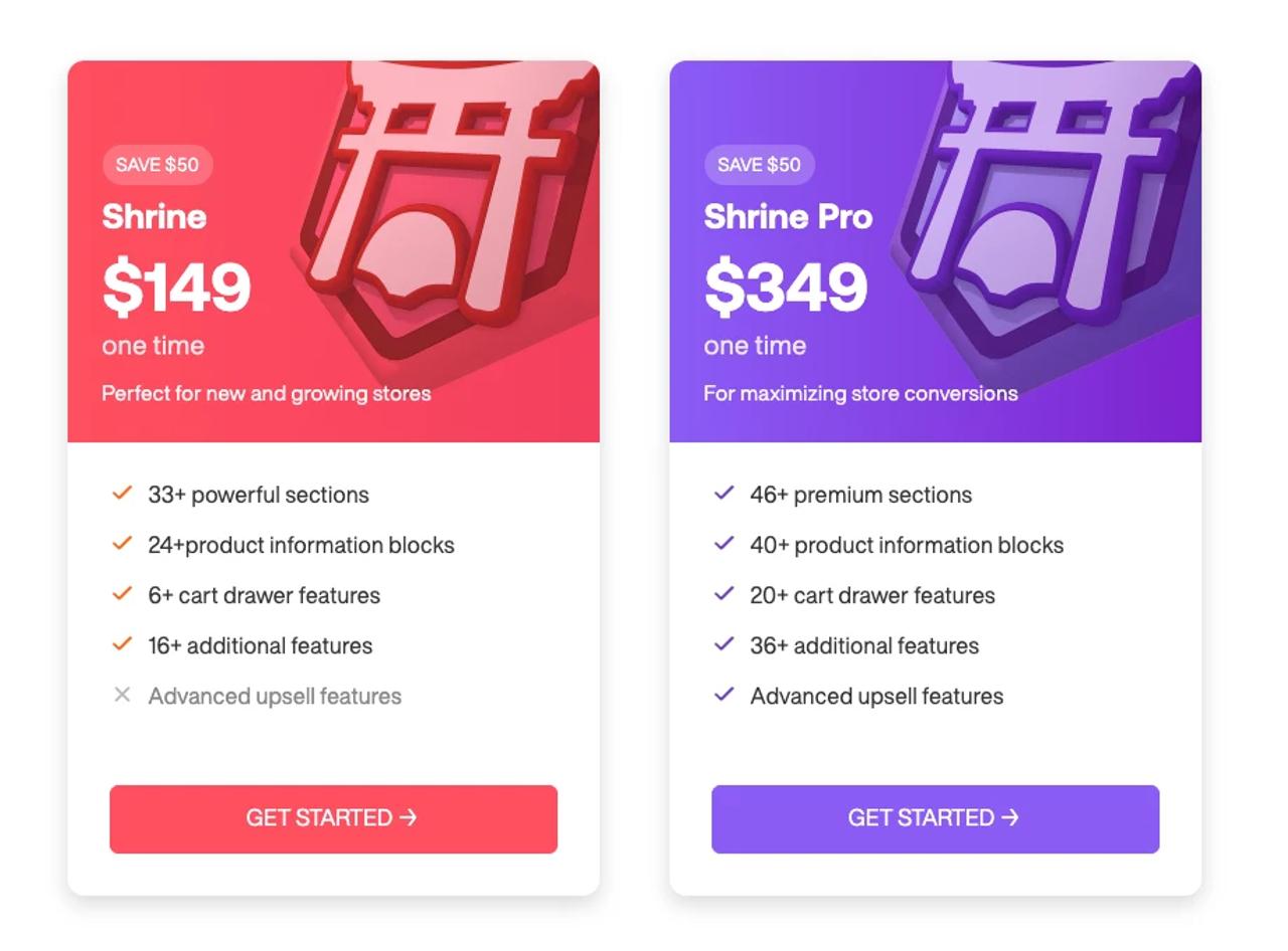 Shrine and Shrine Pro pricing cards on shrine.io: Shrine at $149 one time with 33+ sections, 24+ product information blocks, 6+ cart drawer features and no advanced upsell features; Shrine Pro at $349 one time with 46+ sections, 40+ product information blocks, 20+ cart drawer features and advanced upsell features