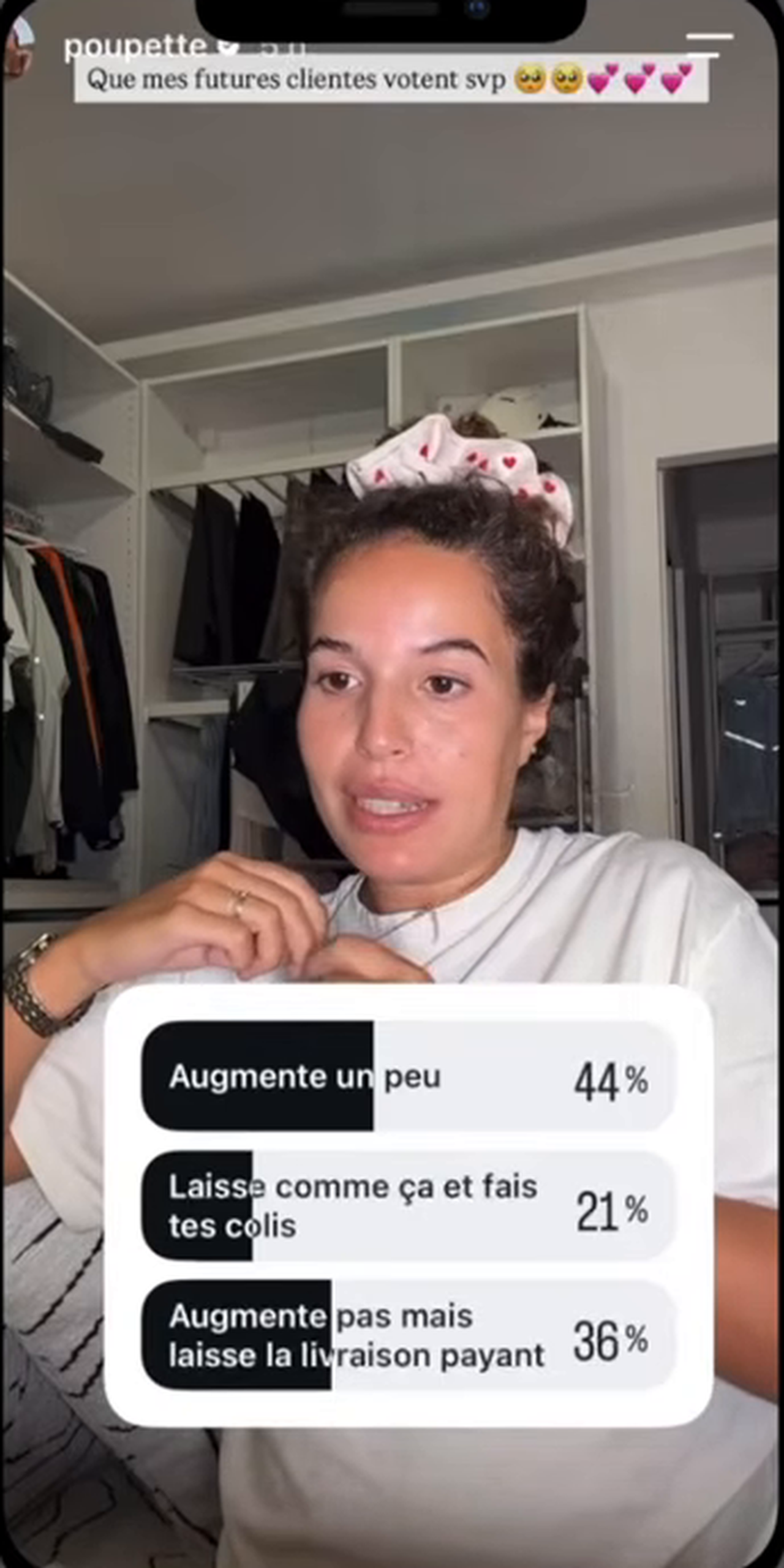 Sondage en story de Poupette Kenza : augmenter un peu 44 %, préparer les colis elle-même 21 %, livraison payante 36 %