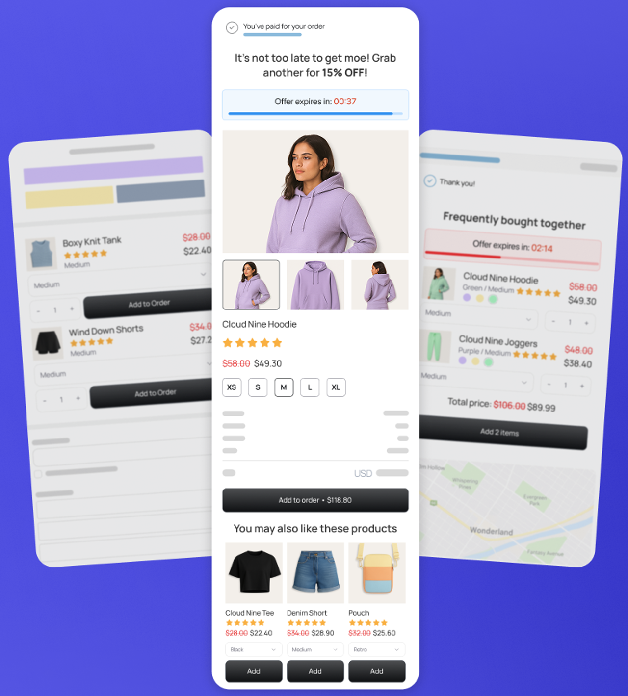 Offre post-achat ReConvert qui confirme le paiement de la commande et propose un deuxième sweat à -15 %, à côté d’une page de remerciement avec des produits souvent achetés ensemble