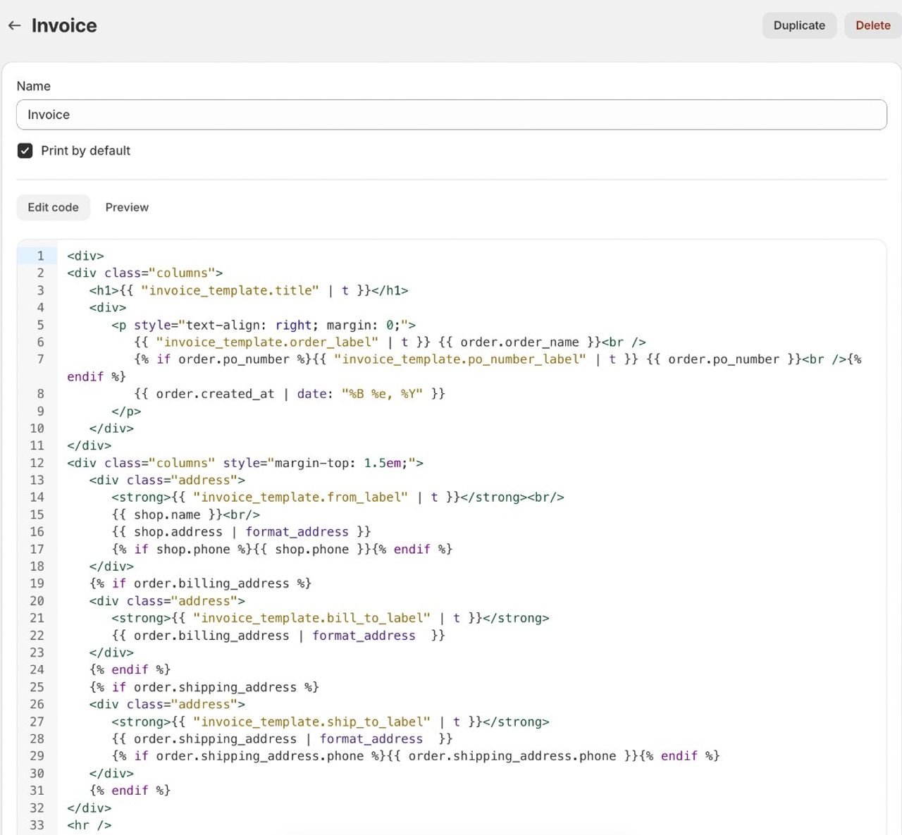 Éditeur du modèle Invoice dans Shopify Order Printer, avec le code HTML et Liquid