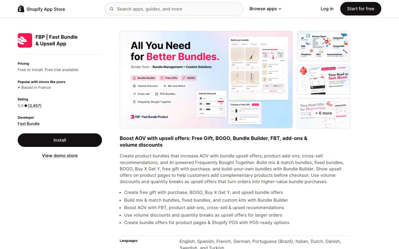Fast Bundle & Upsell App listing on the Shopify App Store, showing the Built for Shopify badge and screenshots of its bundle builder, BOGO and add-on offers