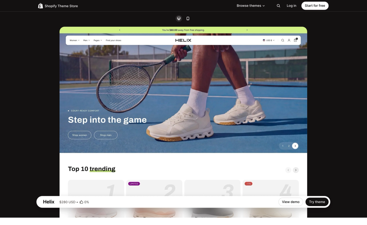 Helix theme page on the Shopify Theme Store, with a desktop preview of its demo store