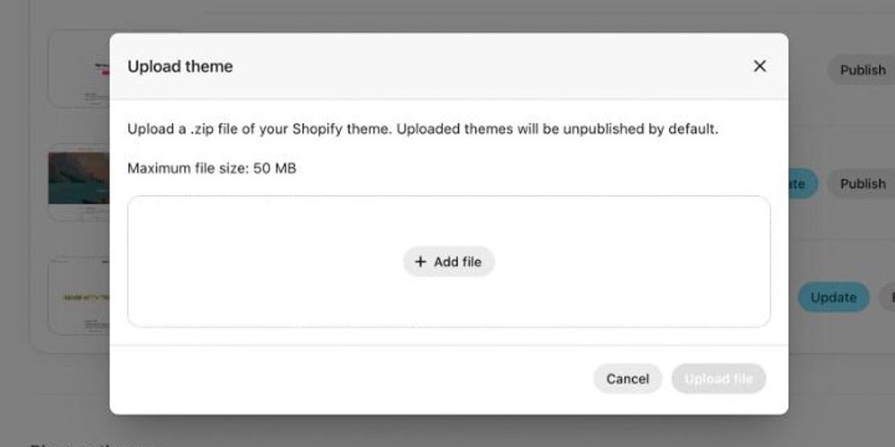 Fenêtre « Upload theme » de l’admin Shopify pour téléverser le fichier .zip d’un thème