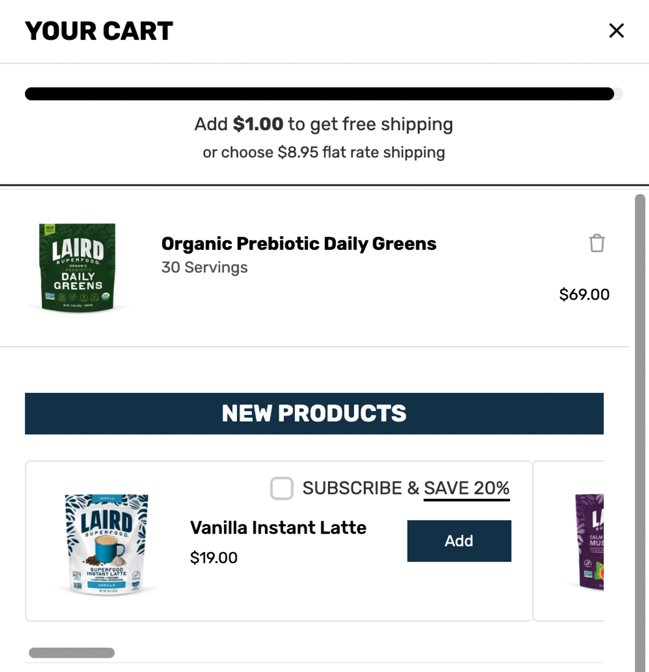Laird Superfood cart drawer with a Vanilla Instant Latte upsell card and a Subscribe & save 20% checkbox