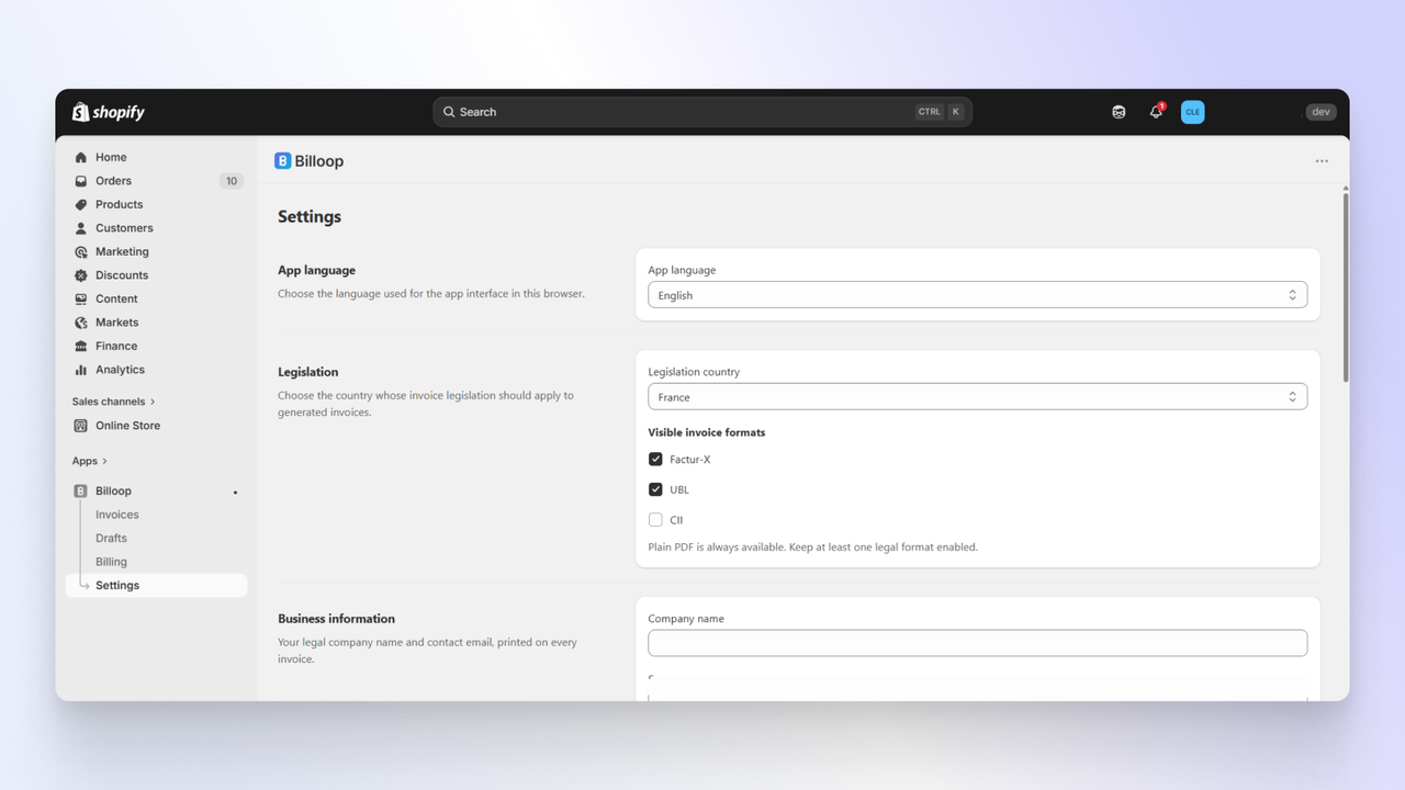 Réglages de Billoop dans l’admin Shopify : législation France et formats Factur-X et UBL