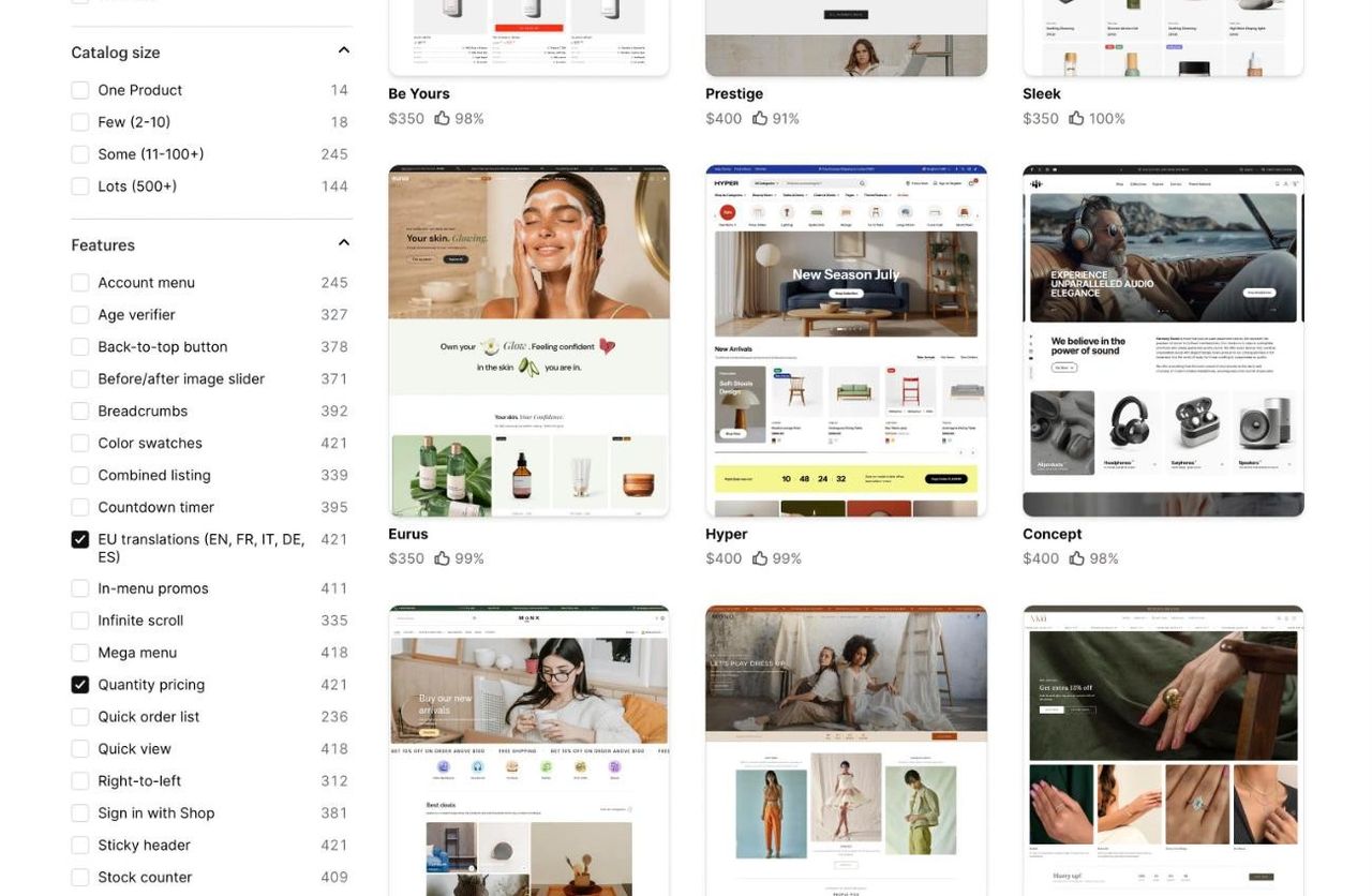 Theme Store filtré par fonctionnalités « EU translations » et « Quantity pricing »