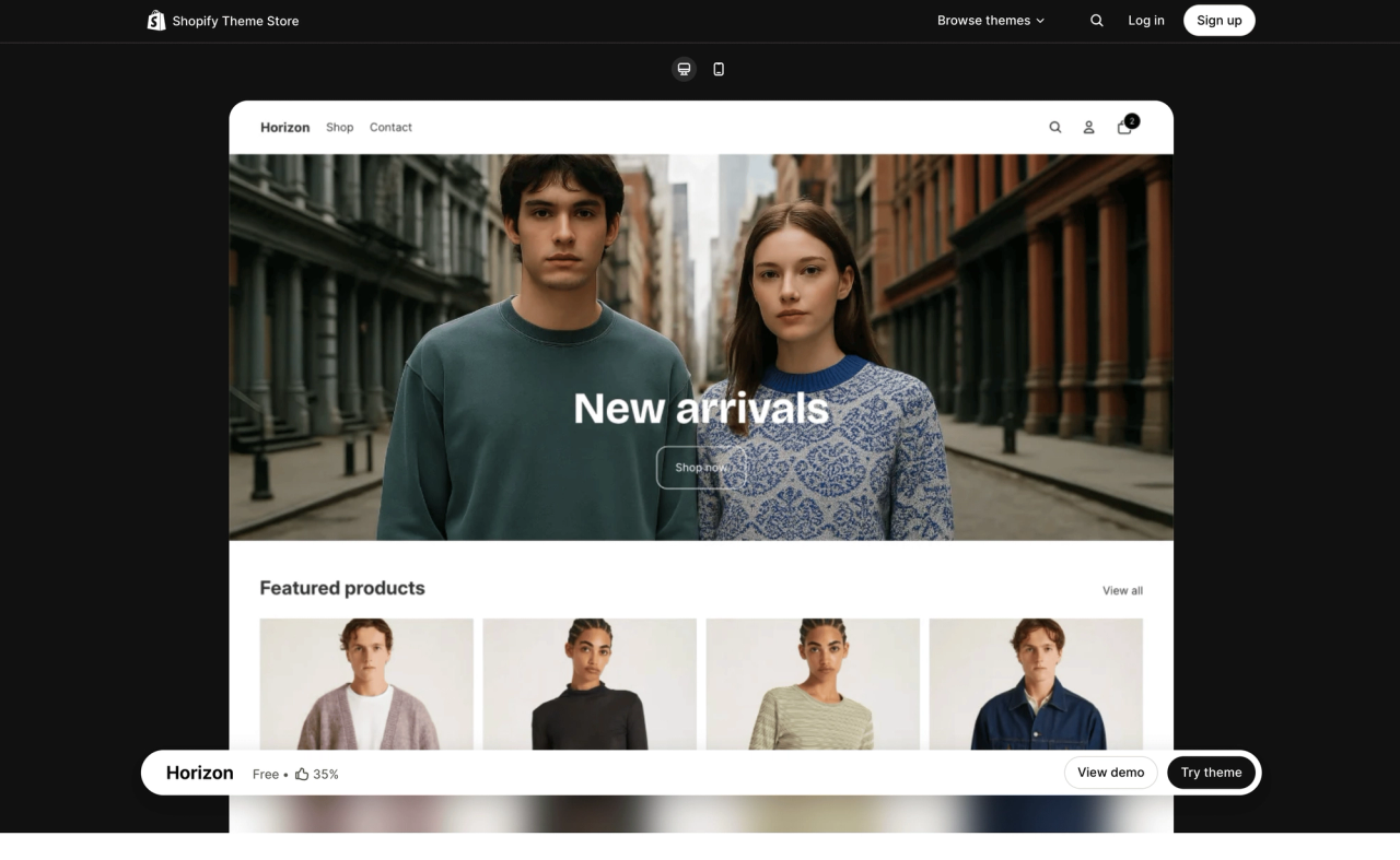 Horizon theme page on the Shopify Theme Store, with a desktop preview of its demo store