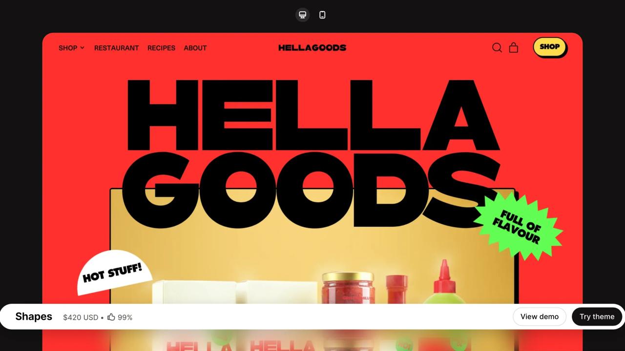 Fiche du thème Shapes sur le Shopify Theme Store, avec la démo de sauces piquantes Hella Goods, le prix de 420 $ et 99 % d’avis positifs