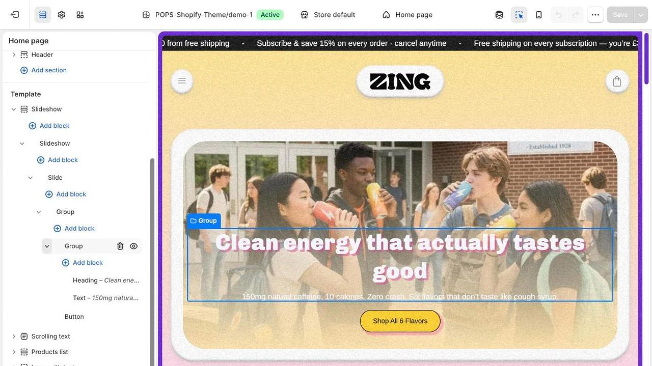 Éditeur de thème Shopify ouvert sur le thème Pops, avec la liste des blocs à ajouter dans une section