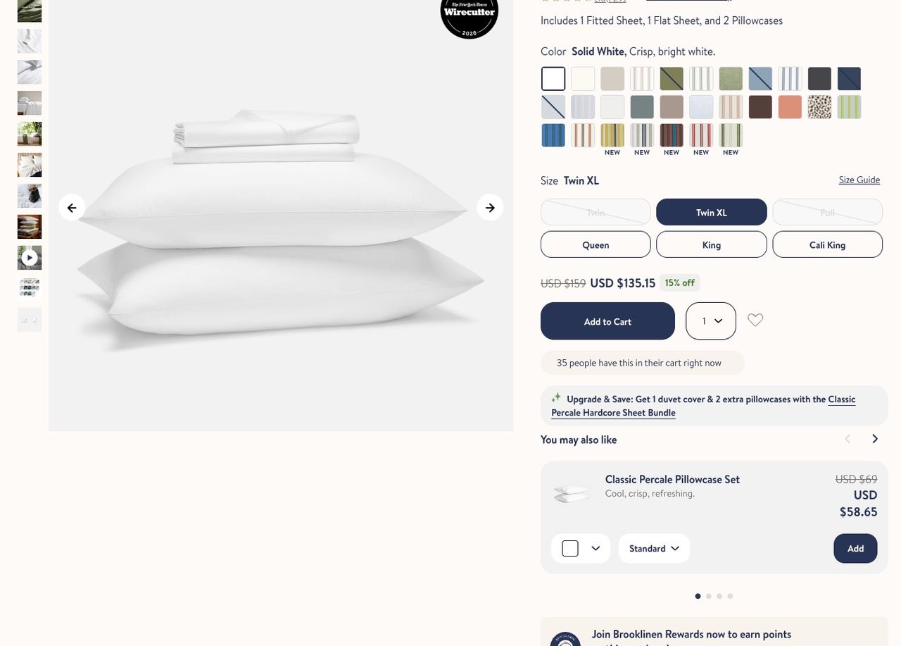 Fiche produit Brooklinen Classic Percale Core Sheet Set : sous le bouton d'ajout au panier, un bandeau « Upgrade & Save » vers le Hardcore Sheet Bundle, puis un carrousel « You may also like » avec le Classic Percale Pillowcase Set et un bouton Add