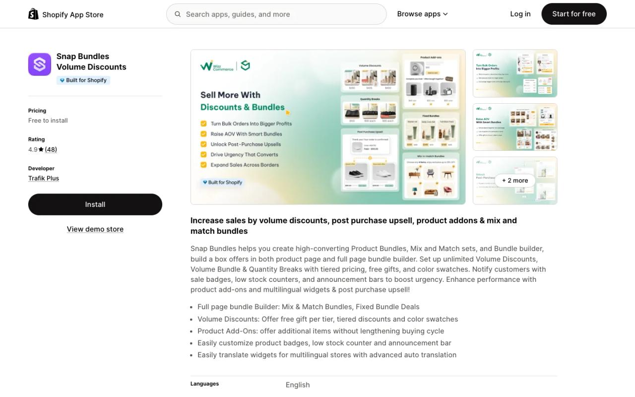 Snap Bundles Volume Discounts listing on the Shopify App Store, showing the Built for Shopify badge, free-to-install pricing and screenshots of volume discounts, quantity breaks and mix-and-match bundles