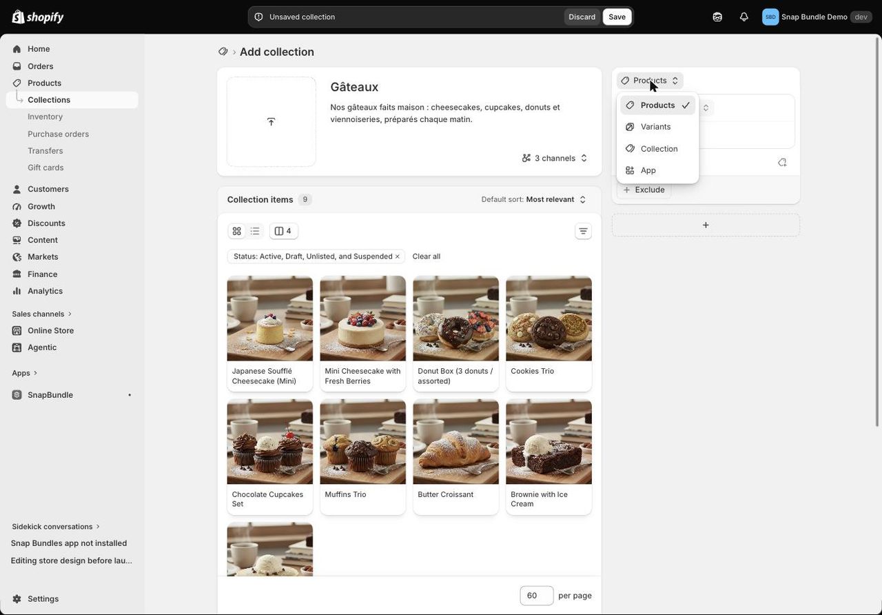 Sélecteur du type de source d'une collection Shopify : Products, Variants, Collection et App