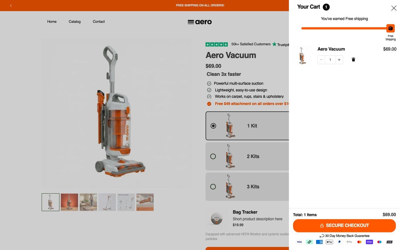 Elixir demo cart drawer: a free shipping progress bar, the product line, a Secure Checkout button, a 30-day money back guarantee line and payment icons