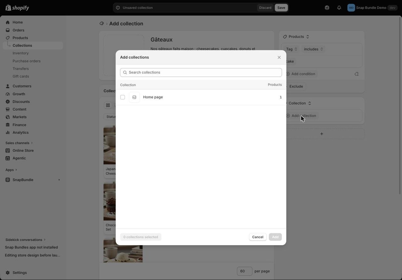 Fenêtre Add collections de Shopify pour inclure d'autres collections dans une collection parente