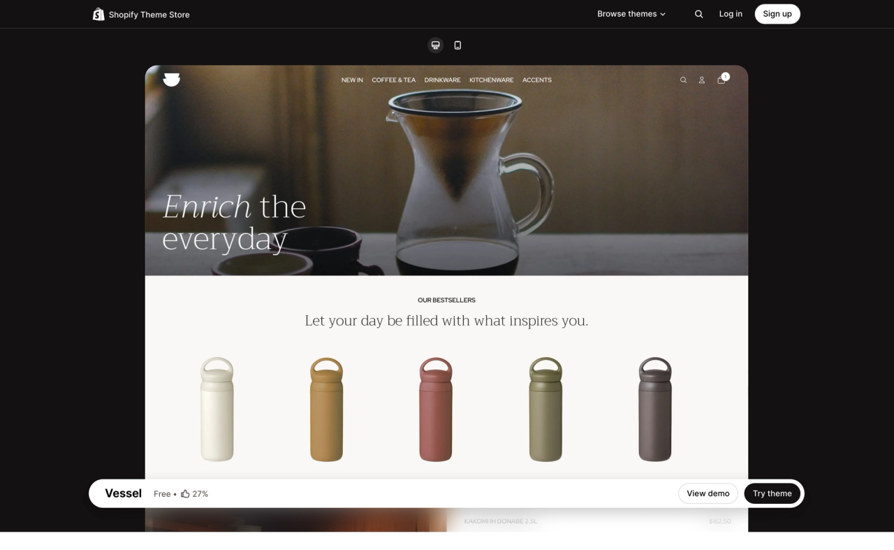 Vessel theme page on the Shopify Theme Store, with a desktop preview of its demo store
