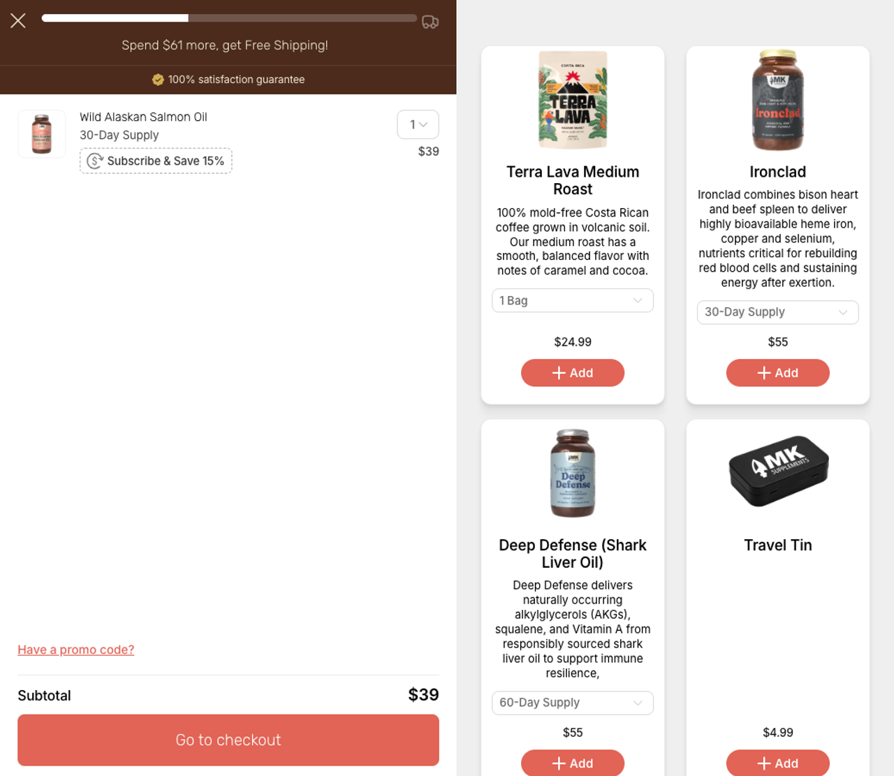 MK Supplements cart drawer with one bottle of Wild Alaskan Salmon Oil at $39, a "Subscribe & Save 15%" option, a bar reading "Spend $61 more, get Free Shipping!" and a side panel of four products with Add buttons