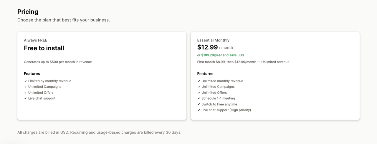 Tarifs de Snap Bundle sur le Shopify App Store : gratuit jusqu’à 500 $ de revenus par mois, puis forfait Essential à 12,99 $ par mois, sans plafond