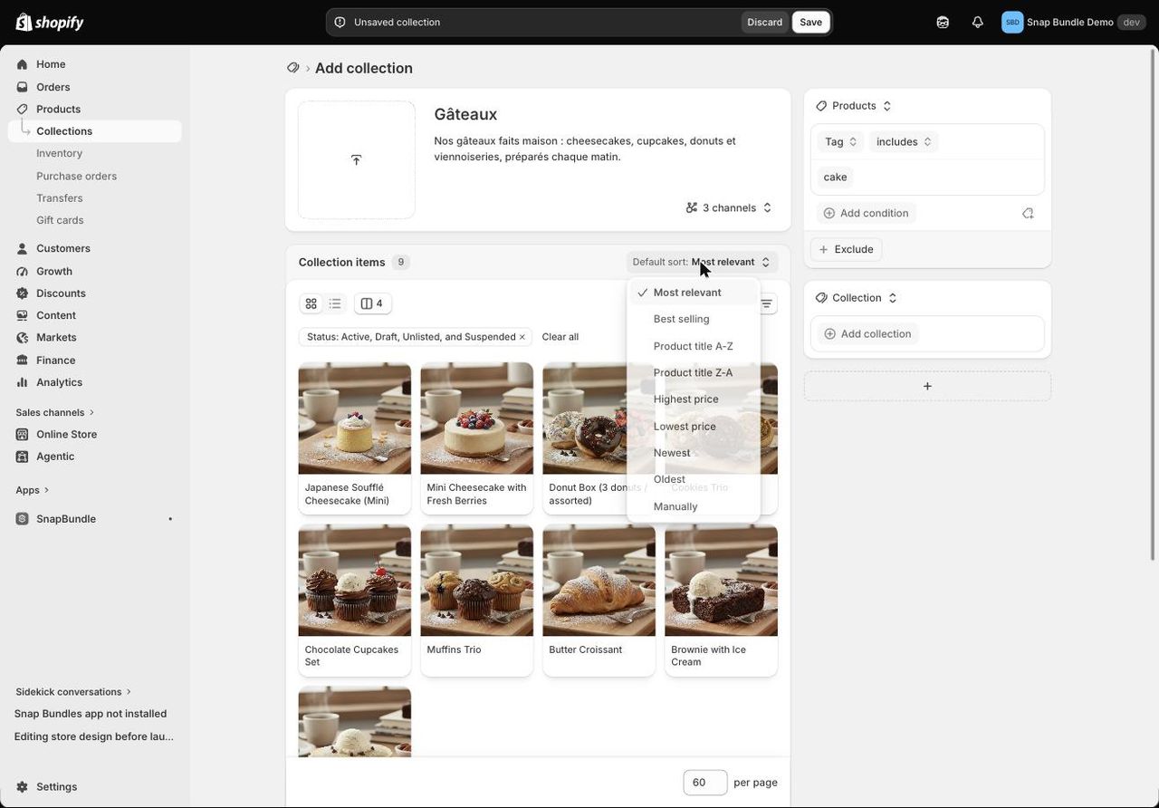 Menu Default sort d'une collection Shopify : Most relevant, Best selling, titre, prix, date et Manually