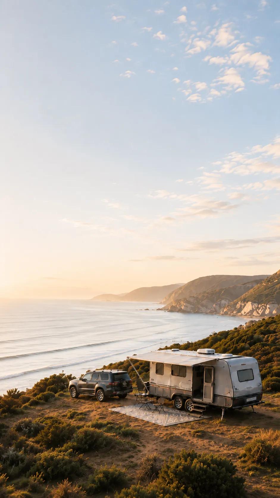 A caravan and four-wheel drive camped on an Australian coastal headland, looking out over the ocean.