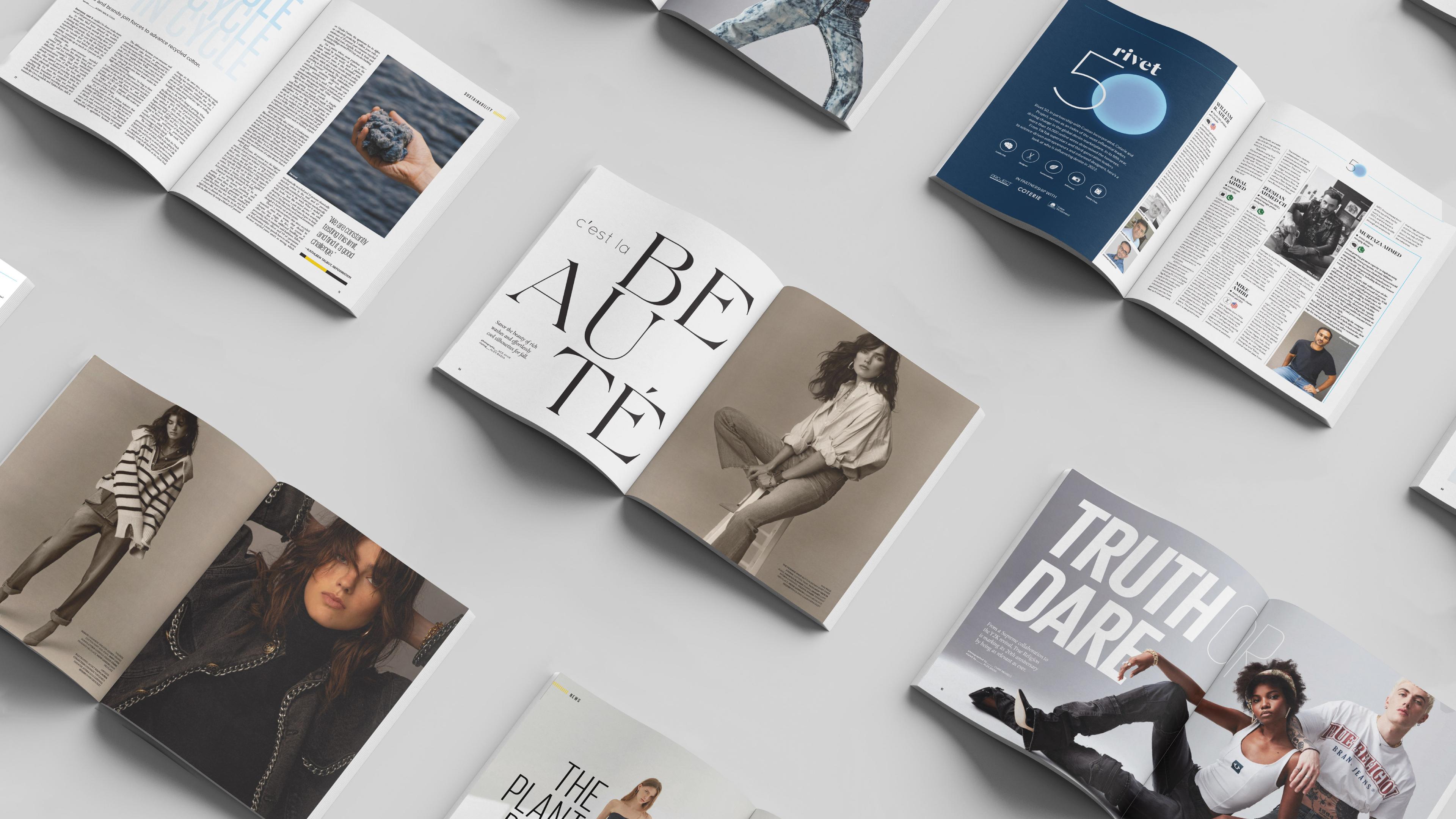Rivet Magazine spreads on a grey background