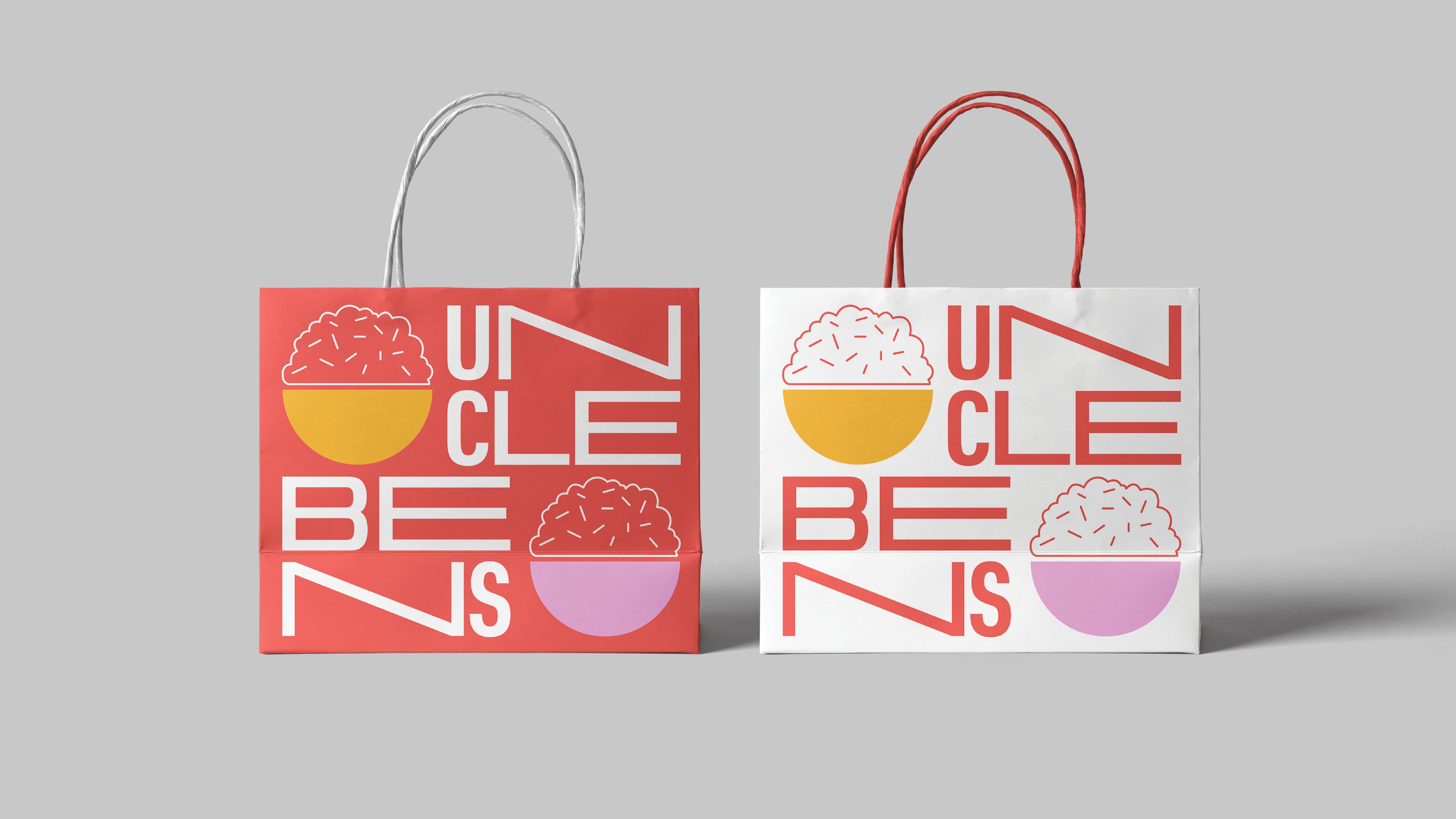 Uncle Ben's logo and illustrations on red and white paper tote bags