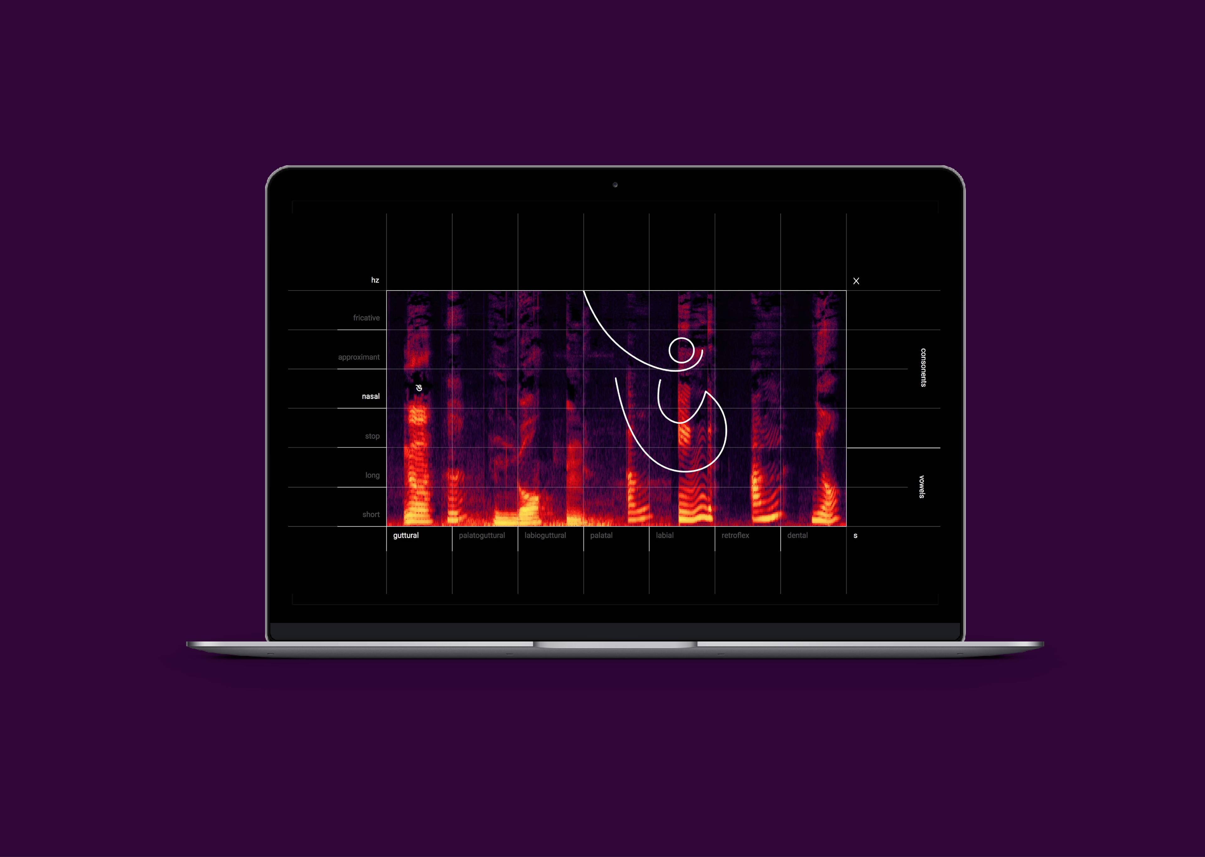 A bengali letter in front of sonograms on the screen of a laptop