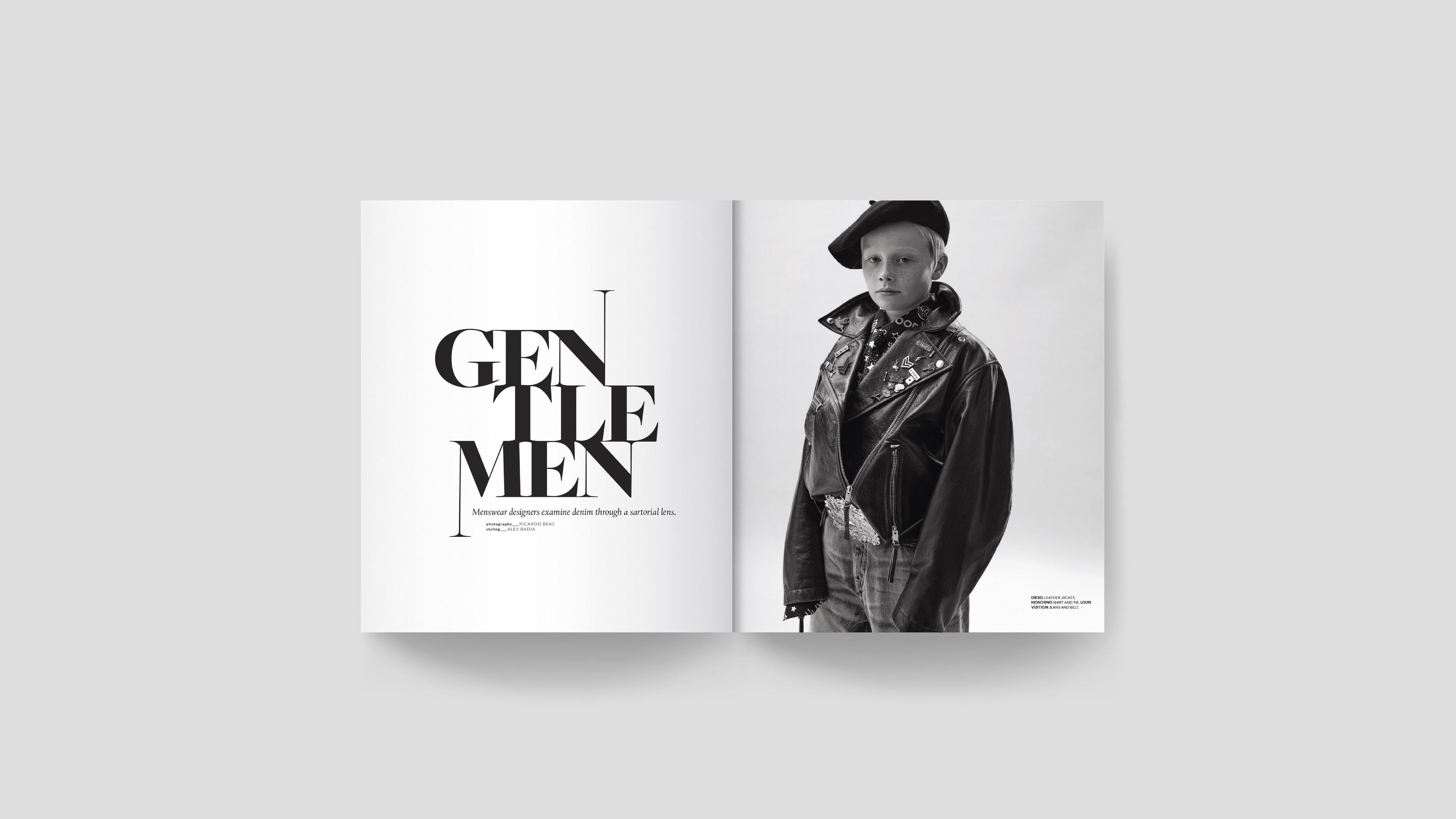 Fashion spread called "Gentlemen" on a grey background