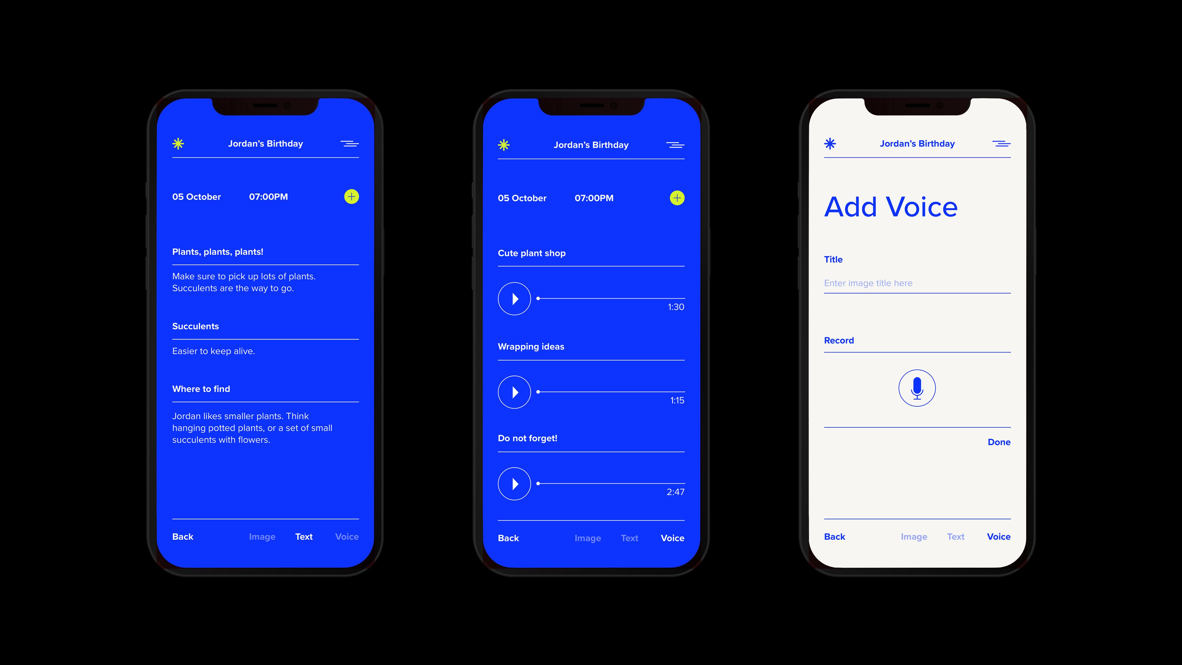 Three screens showing the details of the voice and text functions in the app