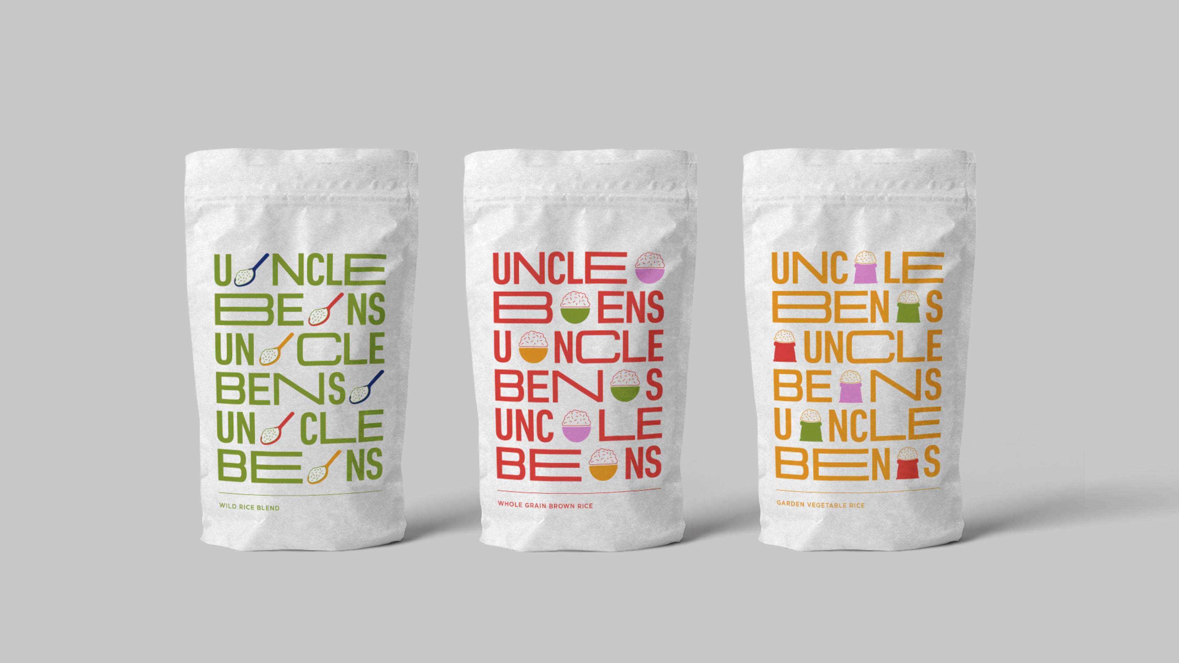 Uncle Ben's branding and illustrations on white paper food bags