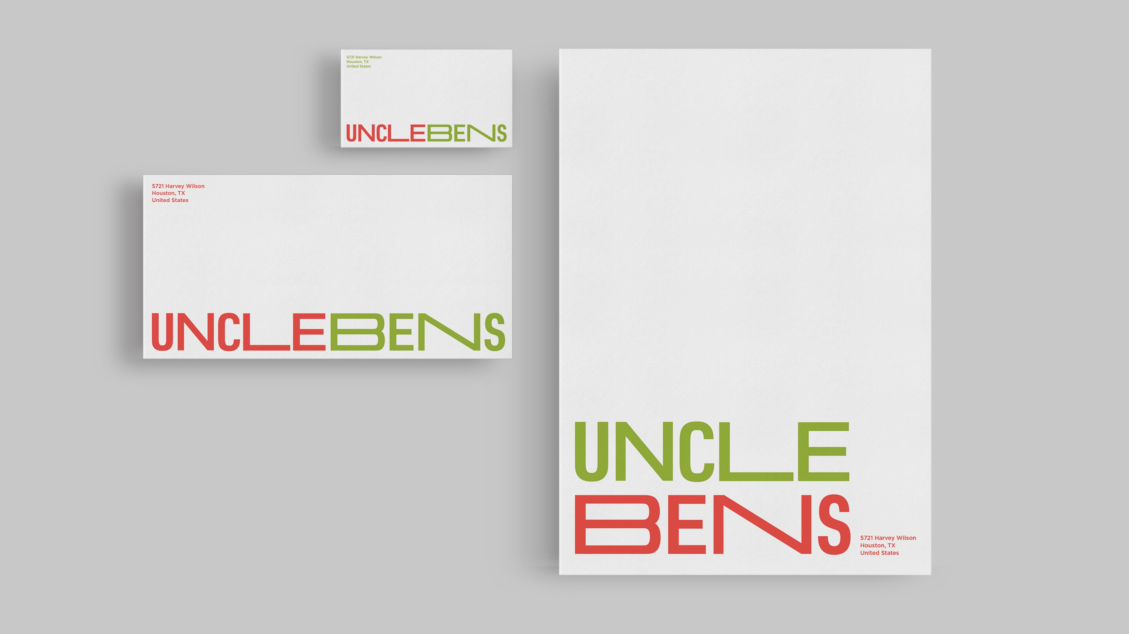 Uncle Ben's logo on white portrait and landscape envelope and business card